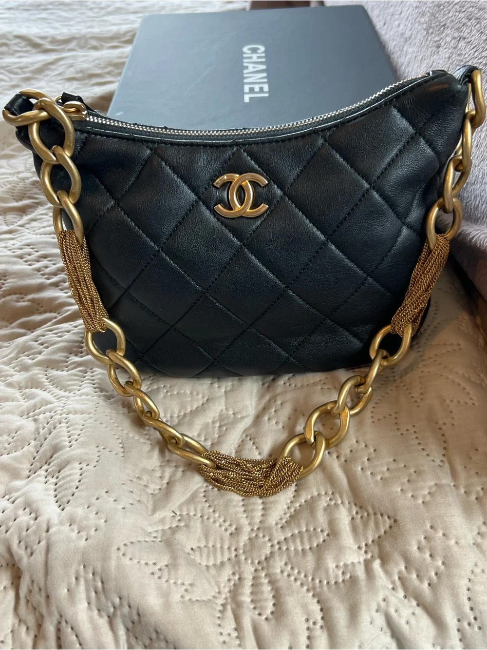 CHANEL Black Quilted Shoulder Hobo with Gold Chain and CC Emblem